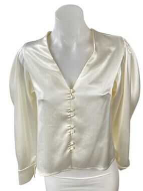 Kimberly Taylor Ivory Cream Silk Satin Long Puff Sleeve Button Down Blouse XS
